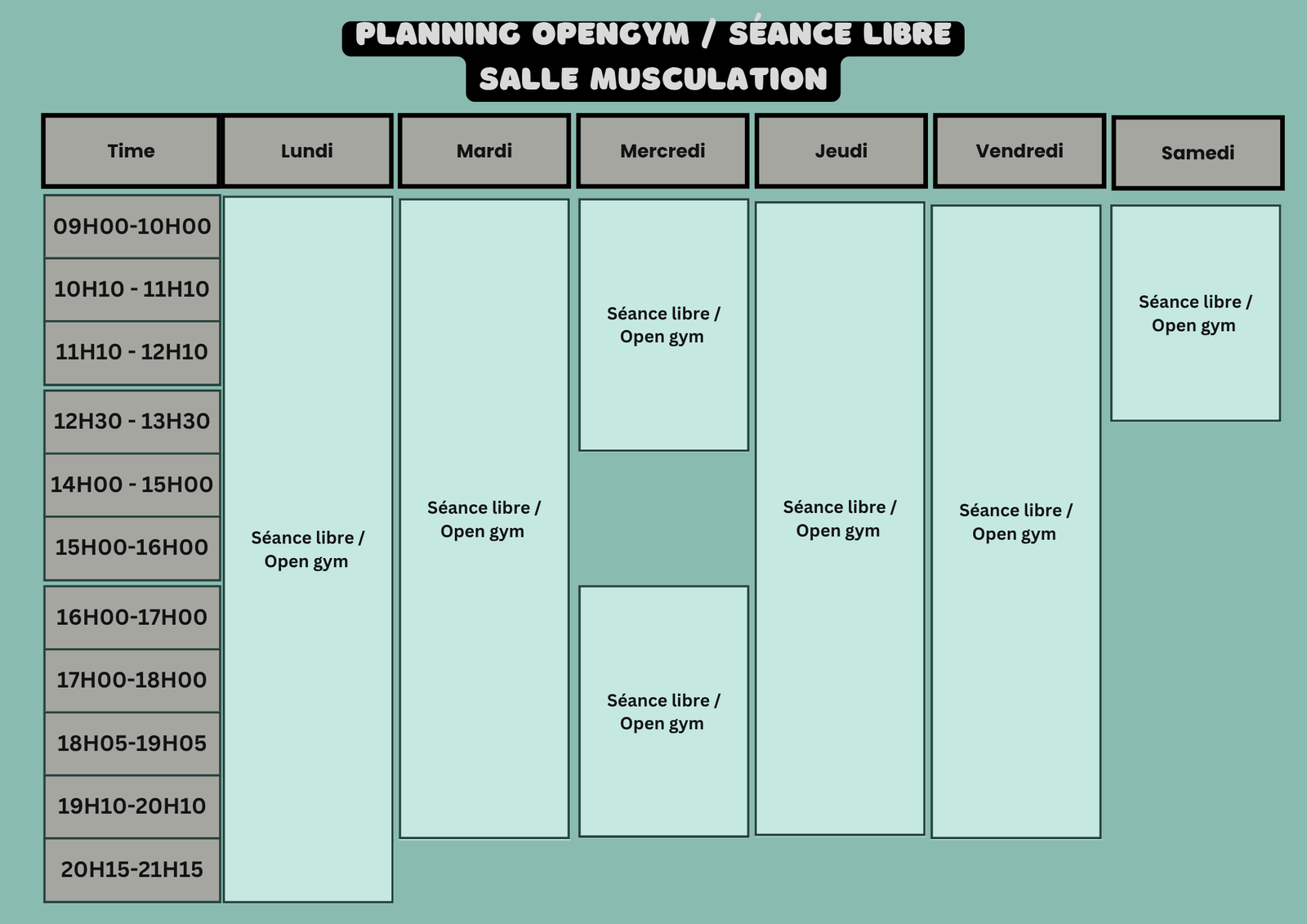 Planning Musculation - Horaires d'ouverture